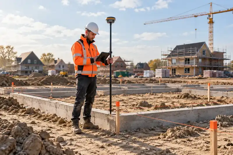 Een uitvoerder meet met de GPS-set een hoekpunt van de fundering in op een bouwplaats