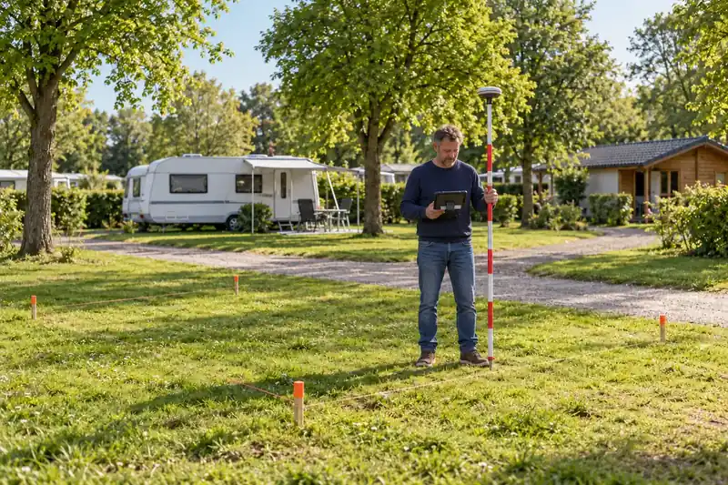 Op een camping wordt met de GPS-set een standplaats uitgezet