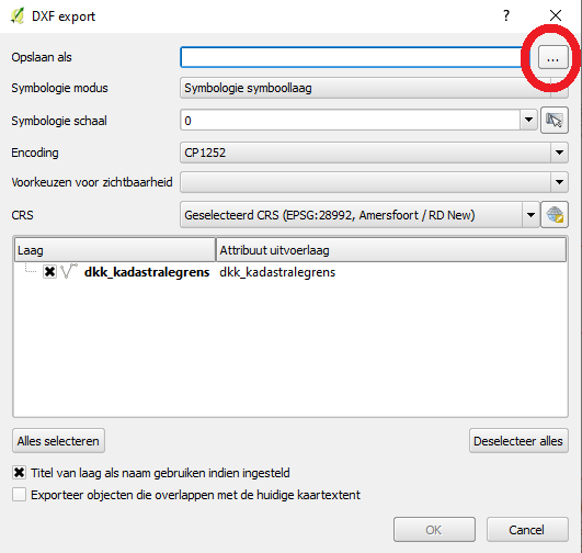 QGIS DXF exporteerscherm